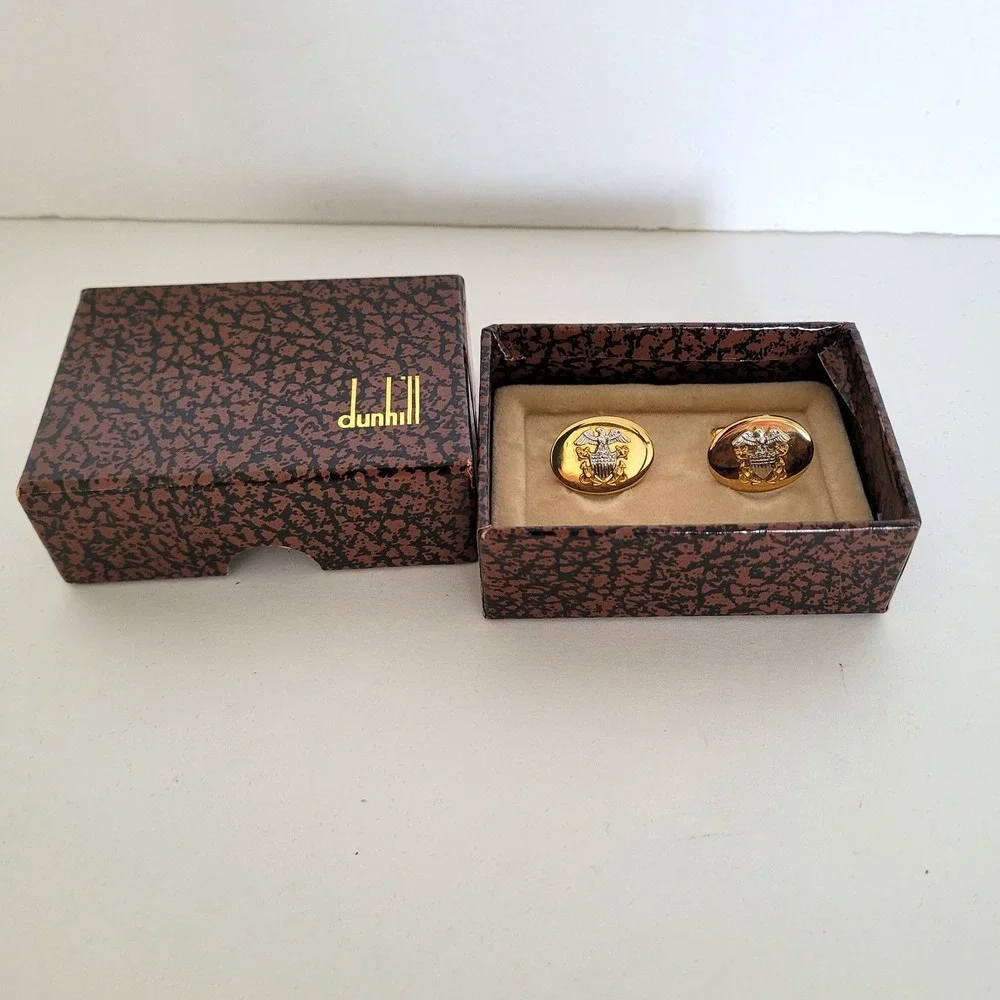 Dunhill Vintage US Navy Officer Crest Cufflinks Gold Silver Tone Two-Tone Boxed